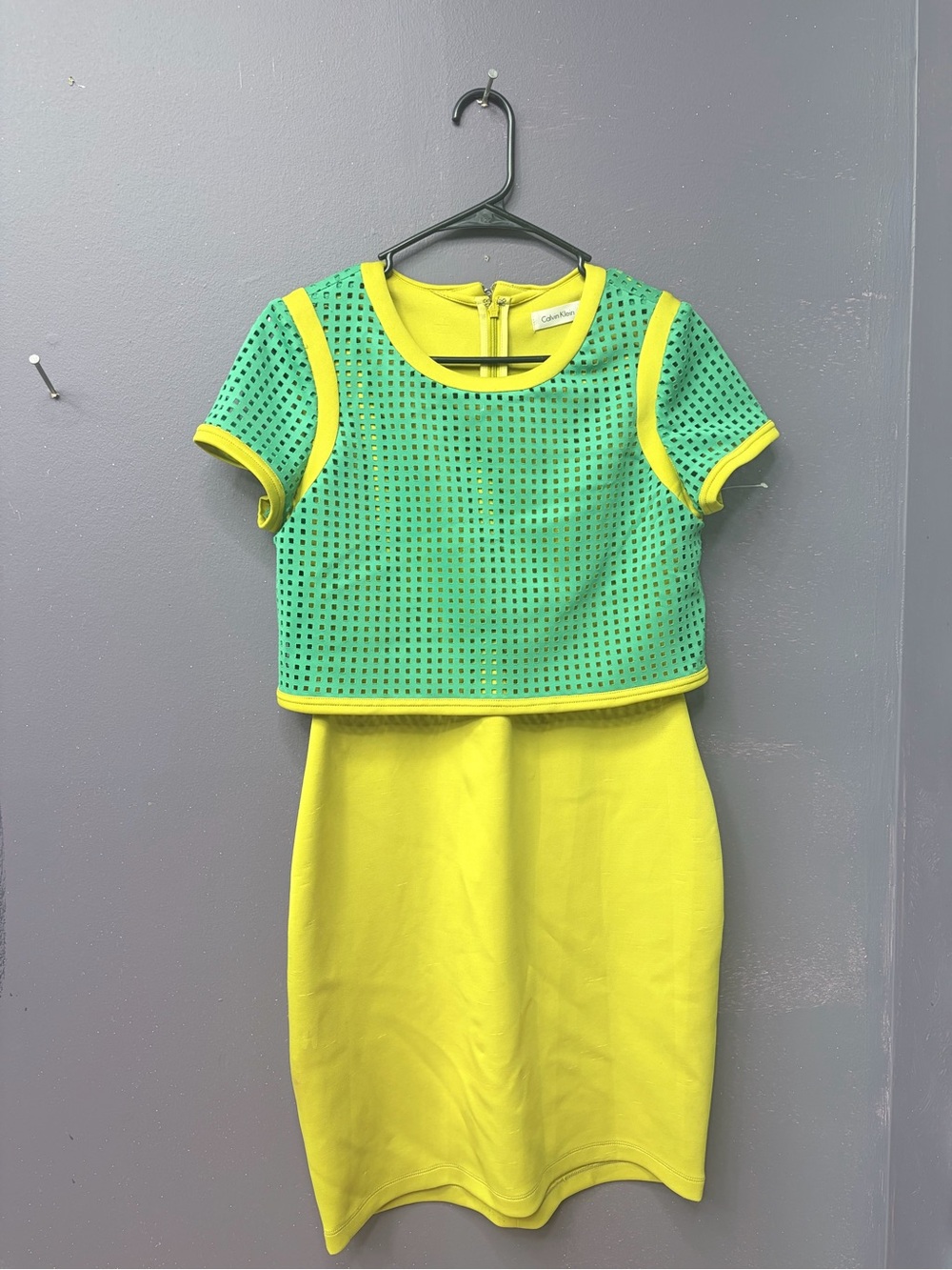 Calvin Klein Neon Yellow Dress with Green Perforated Overlay